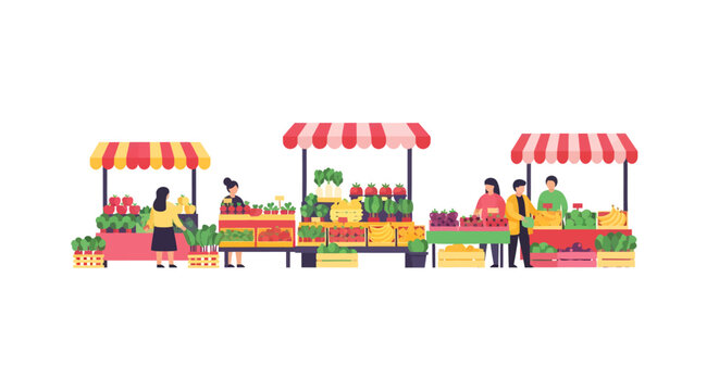 Vibrant street food market stalls with colorful produce and people