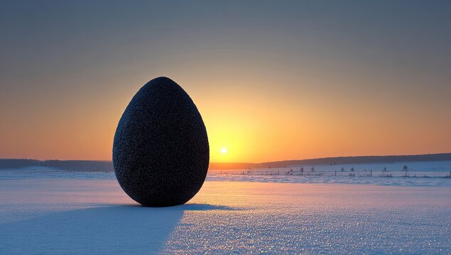 Dark, textured egg-shaped object silhouetted against a vibrant winter sunset