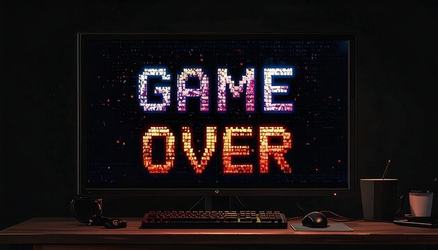 A computer screen displays Game Over in a dark room