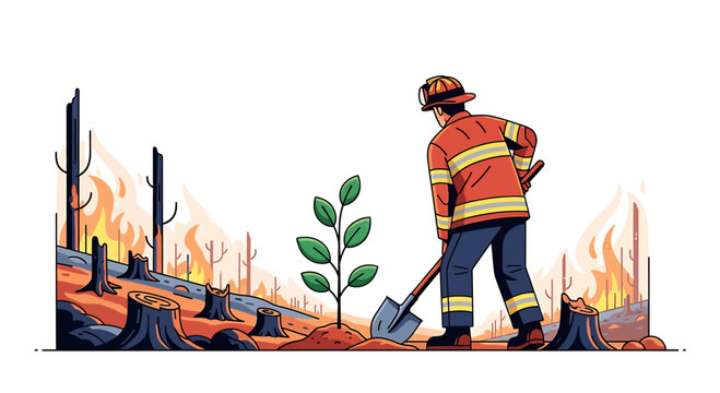 A dedicated firefighter plants a new sapling amidst the scorched aftermath of a forest fire, symbolizing hope, reforestation, and environmental renewal after ecological devastation