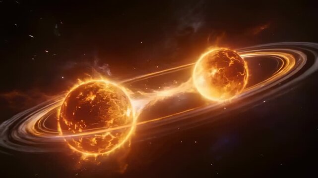 Brightening right star driving orange stellar pair rotating in space, plasma bridge ejecting debris