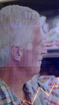 Vertical video: Senior man turning, causing charts  and  labels over face in grocery, smiling at dea