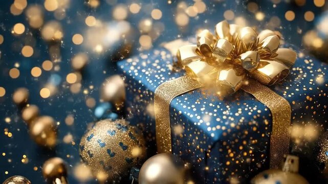 Luxurious blue gift box with gold ribbon surrounded by glittering ornaments