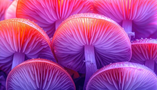 A vibrant, close-up view showcases a cluster of mushrooms with striking pink and purple hues, creating an otherworldly and captivating visual.