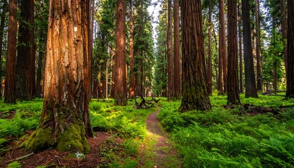 Obraz premium A serene forest pathway surrounded by tall trees and lush greenery
