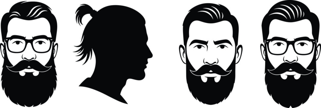 Men face silhouettes and avatars set, bearded hipster styles with mustache and glasses, male profile and front view, black illustration design