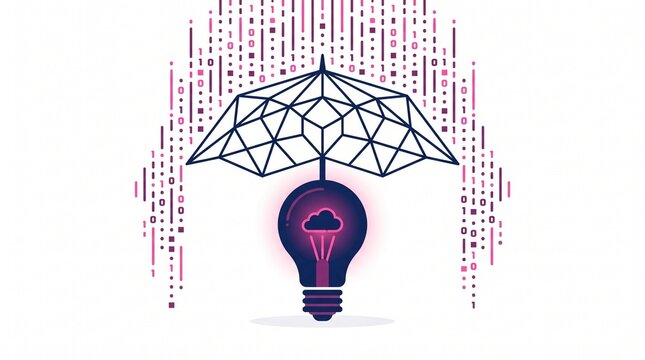 Abstract light bulb with cloud icon under a geometric wireframe umbrella protecting from binary code rain representing cybersecurity and cloud data protection concept vector illustration