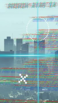 Vertical video: HUD booting and scanning business skyline with cyan crosshair for mapping overlay