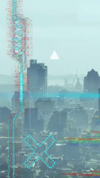 Vertical video: Skyline showing tech HUD booting and scanning, glitching, then revealing rooftops
