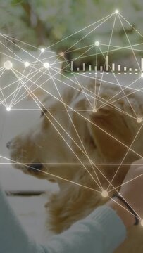 Vertical video: Woman reaching, cupping dog's head by window, tech HUD with gauges and rising data