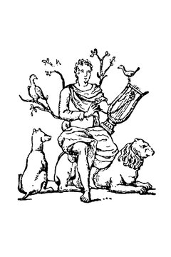 Orpheus with Lyre, Seated Figure Surrounded by Animals and Birds, Harmony and Mythology, Intricate Black-and-White Sketch, Old Vintage Illustration, 1897.