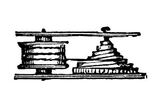 Antique Fusee Mechanism with Conical Pulley and Gear Train, Primitive Black-and-White Line Drawing, Old Vintage Illustration, 1897.