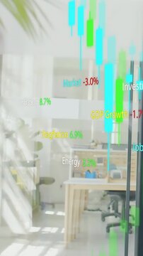 Vertical video: Market data driving candlesticks in office, visualizing economic metrics and trends