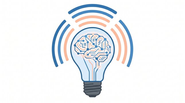 Abstract light bulb with circuit brain and wireless signal waves representing smart artificial intelligence and neurotechnology concept vector illustration