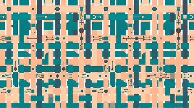 Abstract seamless pattern with geometric circuit board lines and blocks representing technology and urban connectivity concept vector illustration