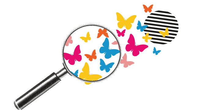 Magnifying glass, colorful butterflies, insect search, zoom effect, vector illustration