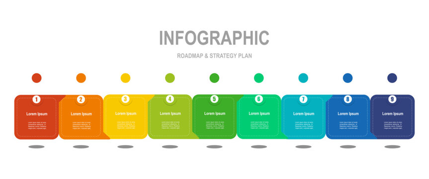 For business concept with 9 steps infographics, multi color shape with label, design for workflow layout, diagram, annual report, web design. vector illustration