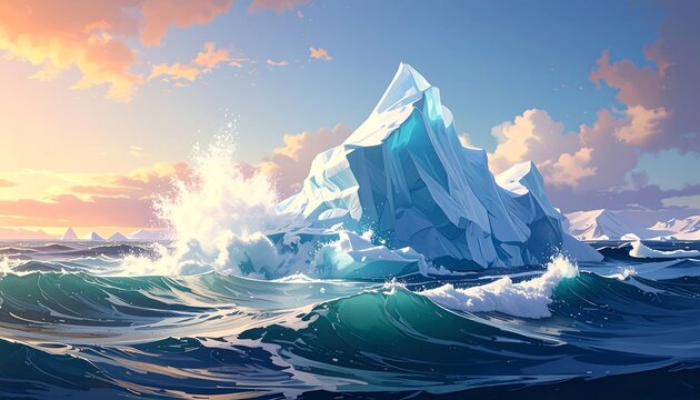 A large iceberg floats in the ocean with waves crashing
