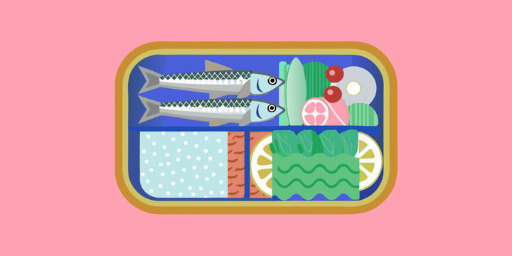 A colorful bento box containing fish vegetables and rice is displayed