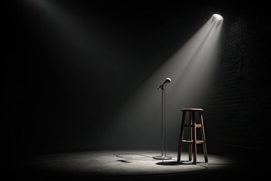 Empty stage with microphone and stool under dramatic spotlight