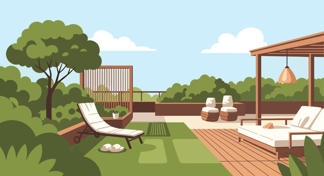 relaxing backyard patio with deck and garden furniture outdoors