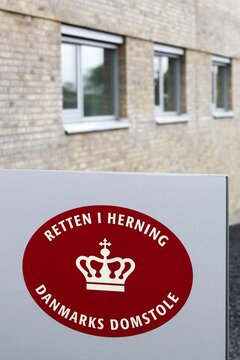 Herning, Denmark - August 18, 2022: Symbol of the court house in Herning, Denmark