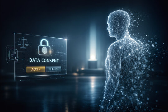 Digital Ghost translucent particle silhouette with holographic data consent interface symbolizing death-data consent AI ethics posthumous rights and bereavement tech regulatory debate