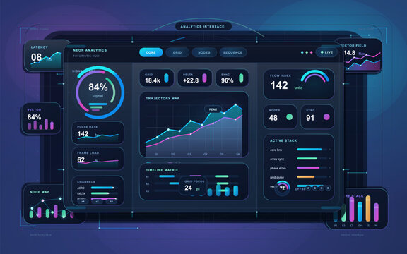Futuristic analytics dashboard HUD with neon charts, gauges, data panels, and dark gradient background for abstract sci-fi interface design