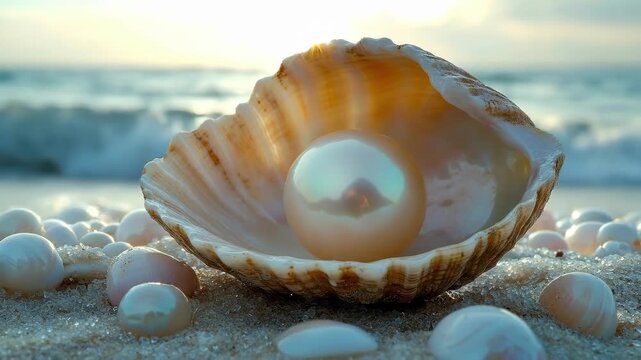 Glowing pearl in seashell on sandy beach at sunrise by ocean waves