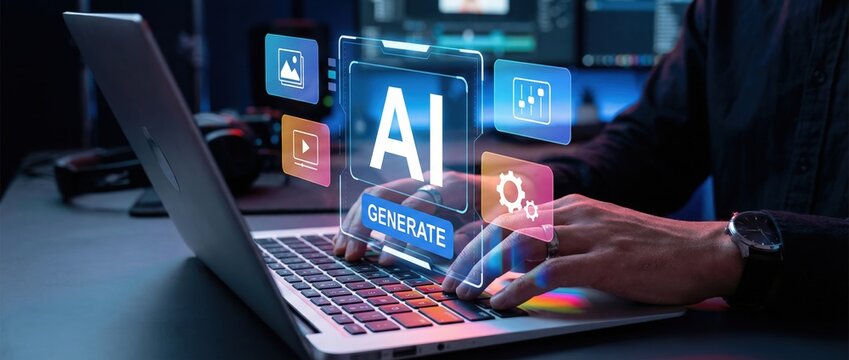 Harnessing ai technology for creative content generation at home office digital workspace interactive media modern environment close-up view innovation in productivity