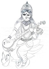 Fototapeta premium sketch of maa saraswati playing bina sitting on lotus