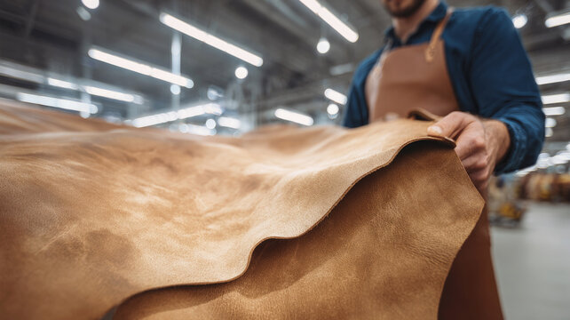 A craftsman in a leather apron inspects a large piece of brown leather in a factory workshop. Selective focus.