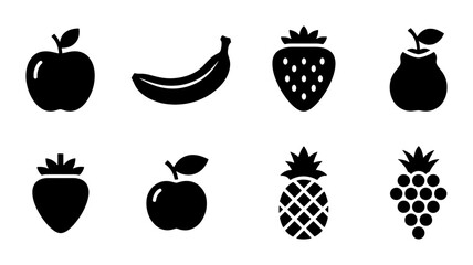 Minimalist fruit icon set, black solid vector silhouettes of apple banana strawberry pear pineapple and grapes, 8 organic food symbols for grocery apps © Samia