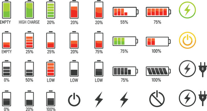 Set of Battery Level Icons with Different Charging Percentages, Power Indicators, and Symbols for Technology and Energy Design