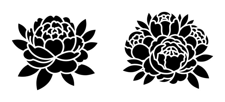 Black peony flower silhouettes, botanical floral vector set with single bloom and bouquet, minimalist garden plant stencils for laser cutting and vinyl