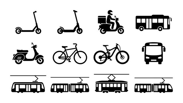 Urban transport icons set, black silhouette city vehicle symbols, collection of 12 public and private transportation vector elements for maps and apps