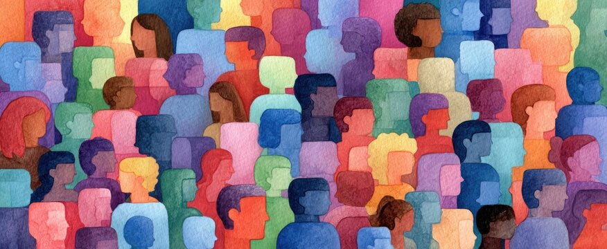 A vibrant watercolor painting depicts a dense crowd of overlapping human silhouettes in a variety of colors.
