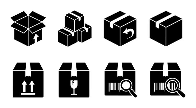 Logistics cardboard box icons set, 8 delivery package vector symbols, black shipping carton signs for warehouse and ecommerce tracking