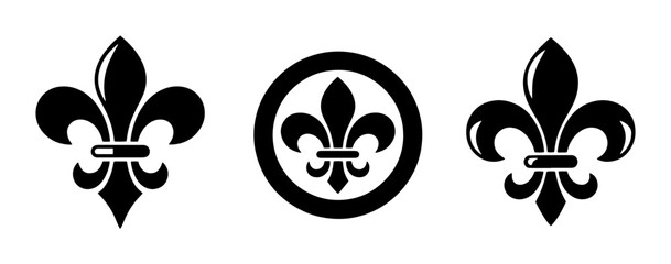 Vintage fleur de lis icons set, black lily flower heraldic symbols, royal french floral ornaments, 3 vector elements for luxury branding and crest design © Samia