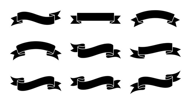 Vintage black ribbon banners set, 9 decorative scroll vector elements, classic heraldic flag silhouettes for labels and certificates