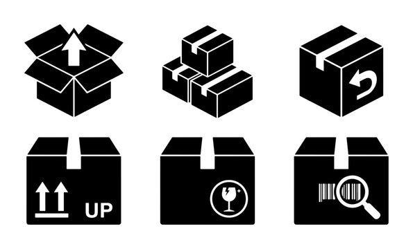 Logistics shipping box icons set, black cardboard package symbols for delivery and warehouse, 6 vector elements for ecommerce and freight