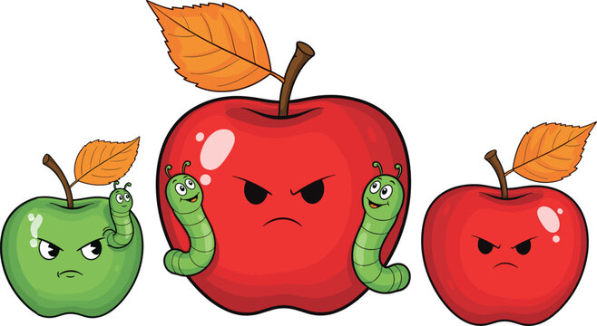 Angry apple characters with worms inside, cartoon fruit mascots showing emotions and autumn leaves, colorful vector illustration isolated background