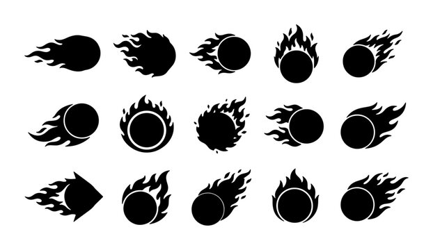 Fireball silhouette icons set, black flaming ball vector graphics, 15 burning comet and meteor symbols, sports motion fire trail elements for logo design