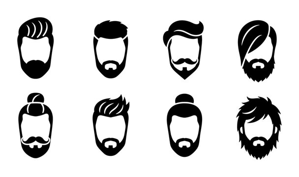 Barbershop hairstyle icons set, male facial hair and beard silhouettes, collection of 8 men haircut vector symbols for grooming and salon branding