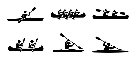 Kayak and canoe icon set, rowing and paddling silhouettes, black water sports vector elements, outdoor river recreation symbols for maps and signage © Shahinur