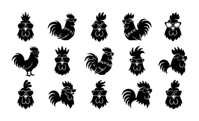 Cool rooster silhouettes with sunglasses, 15 black chicken icons set, funny farm animal vector graphics, stylish cockerel head and body illustrations © Momena