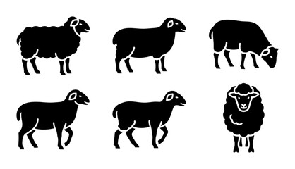 Minimalist sheep silhouette icons, set of 6 farm animal vector graphics, black ram and ewe livestock symbols for agricultural branding and logo design © Momena