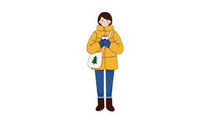 Smiling Woman Yellow Puffer Coat Blue Jeans Holding Cup and Tote Bag © Lubos