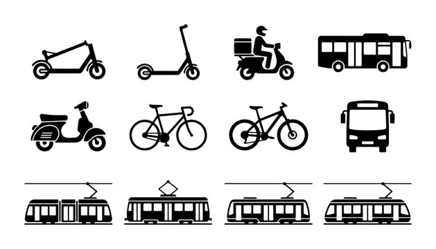 Urban transport icons set, 12 black vector silhouettes of city vehicles, public transportation and micro-mobility symbols for map and app design