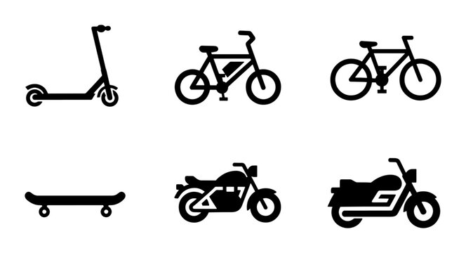 Minimalist urban transport icons set, black silhouette bicycle and electric scooter vector, motorcycle and skateboard symbols for city mobility apps
